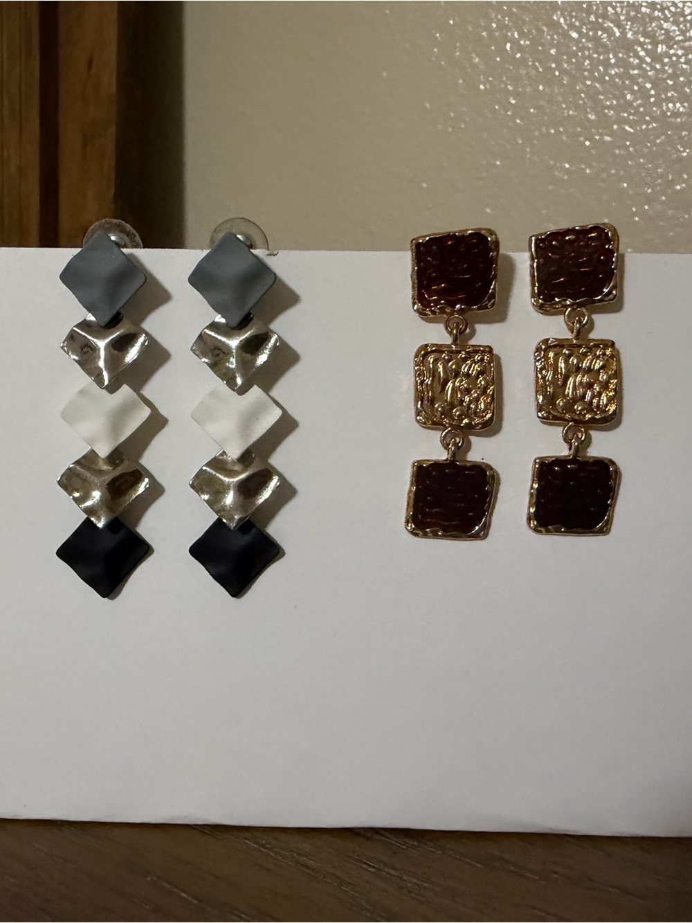 Gold/Brown Triple-Square Drop Earrings, Silver/Gray/Black/White Drop Earrings